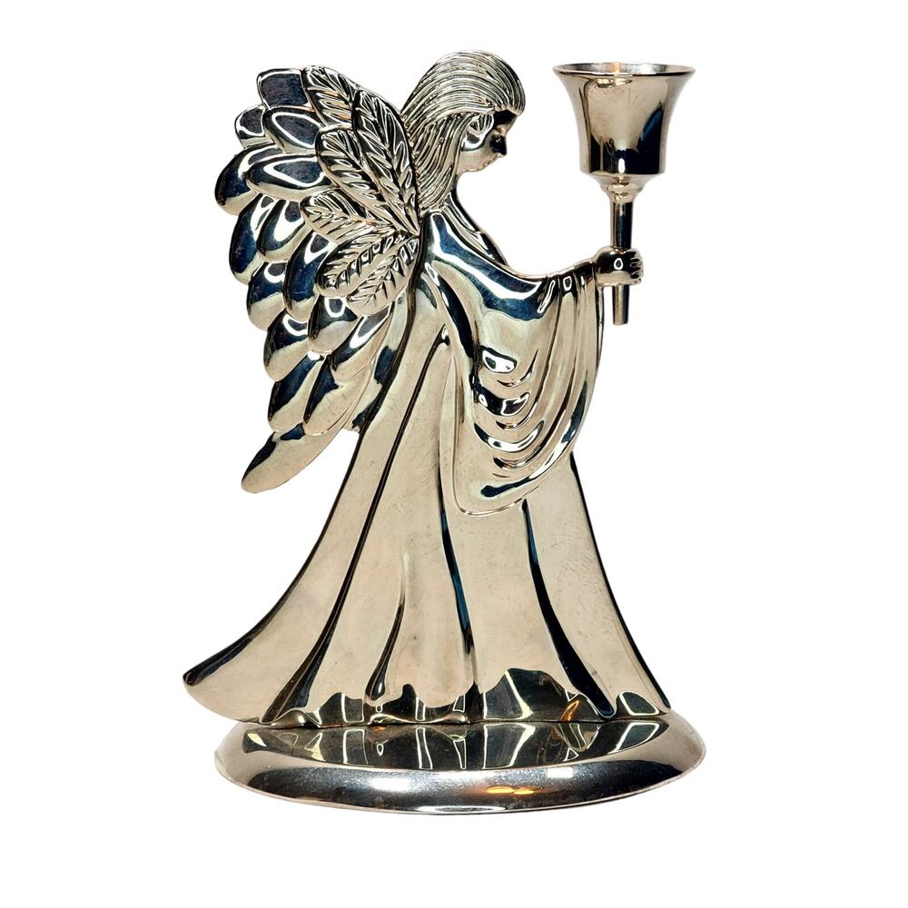 Vtg Sliver Tone Angel Candle Holder 7.5" Christmas Decor EUC Blue Felt Bottom